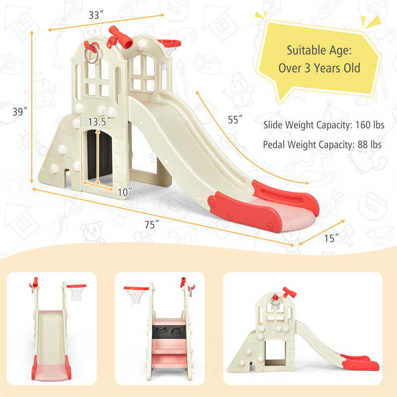 6-in-1 Large Slide for Kids, Toddler Climber Slide Playset with Basketball Hoop, Ring Toss, Freestanding for Indoor & Outdoor Use