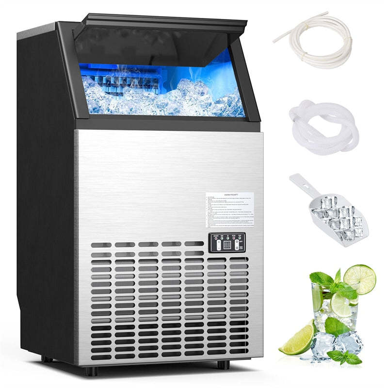 110LBS/24H Stainless Steel Commercial Ice Maker, Freestanding & Built-In Self-Cleaning Ice Machine with Scoop & Drain Hoses for Restaurant, Bar, Home
