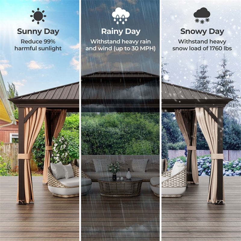 12' x 16' Double-Roof Hardtop Gazebo with Galvanized Steel Roof, Curtains & Netting, Aluminum Outdoor Permanent Gazebo Pavilion for Backyard Patio