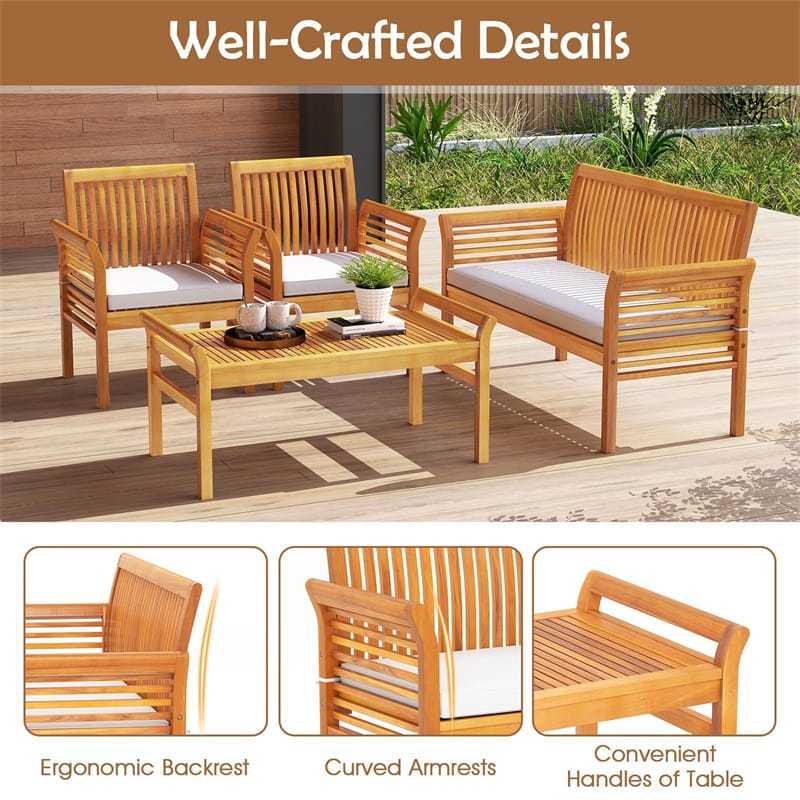 4 Piece Outdoor Acacia Wood Sofa Set with Waterproof Cushions & Coffee Table, Wooden Patio Conversation Set for Backyard, Poolside, Garden