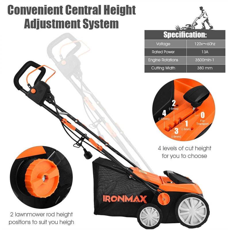 2-in-1 Electric Corded Lawn Dethatcher, 15-Inch 13Amp Lawn Scarifier with 5 Cutting Heights, 13.5 Gallon Collection Bag & 2 Removable Blades