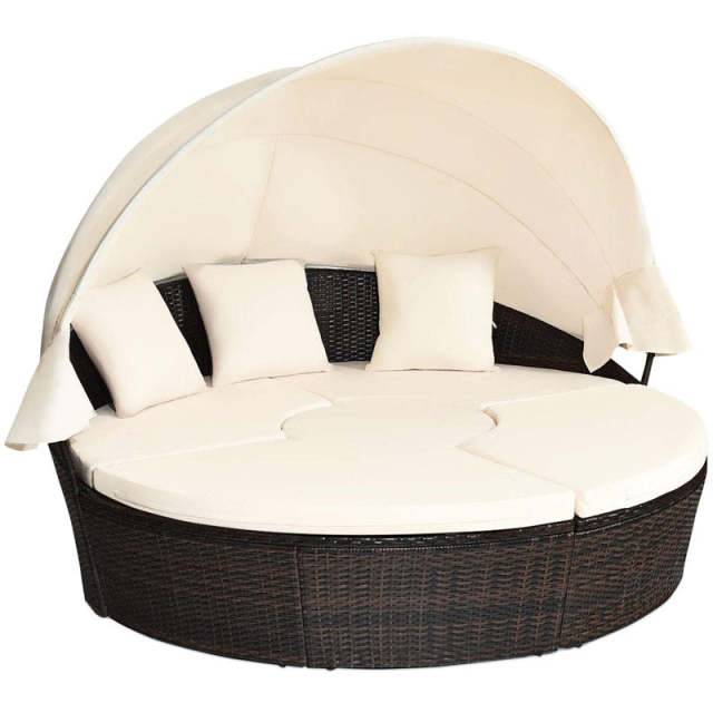 Round Patio Rattan Daybed with Retractable Canopy, Adjustable Coffee Table & Cushions, Outdoor Wicker Sectional Sofa for Poolside, Backyard