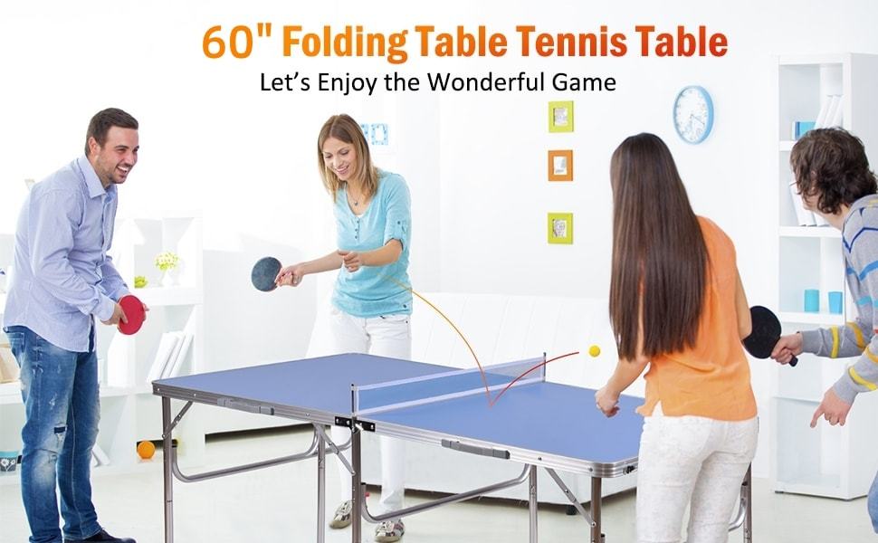 60" Portable Table Tennis Table Folding Ping Pong Table with Net, 2 Paddles & 4 Balls, Multipurpose Freestanding Table for Indoor Outdoor Use