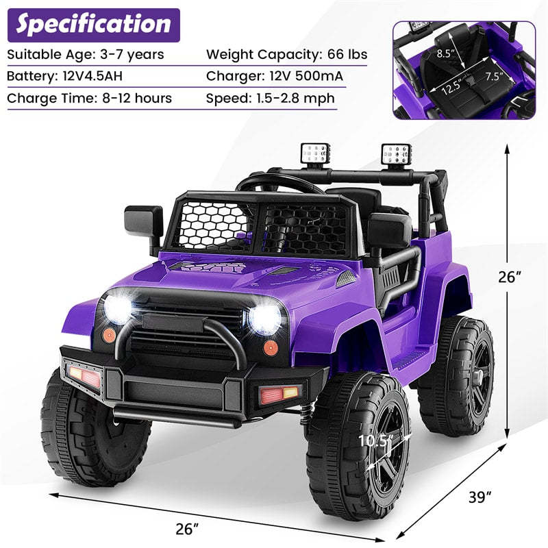 12V Kids Ride-On Truck, Battery Powered Electric Vehicle with Remote Control, Headlights, Music, Ride-On Cars for Boys & Girls