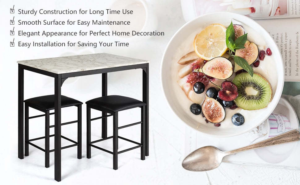 3 Pcs Counter Height Dining Set with Faux Marble Table & Cushioned Stools