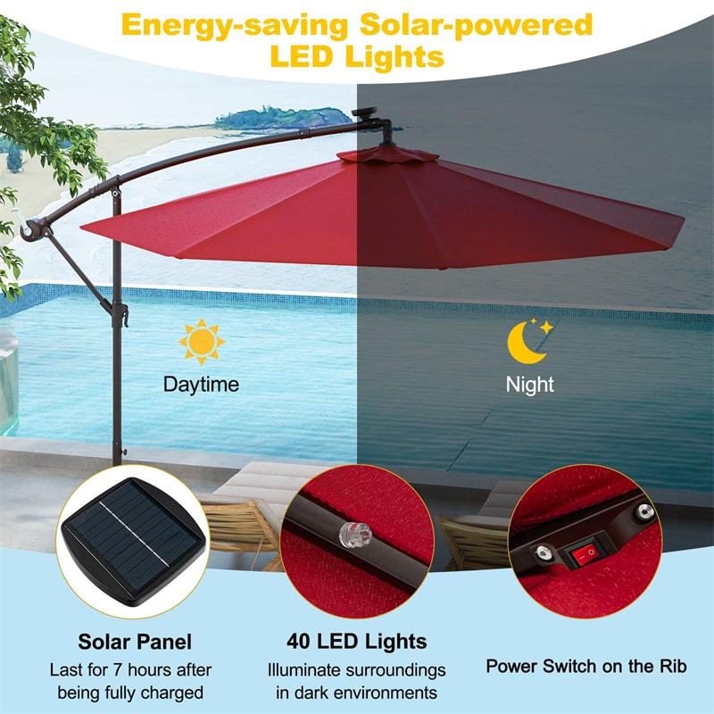 10FT Hanging Solar LED Umbrella Offset Patio Umbrella Outdoor Cantilever Umbrella Steel Market Umbrella with 40 Lights, Crank & Cross Base