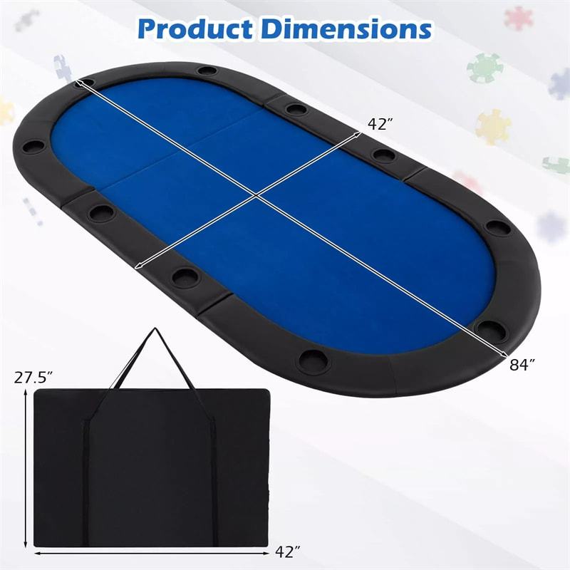 10-Player Foldable Poker Table Top, 84"x42" Portable Texas Holdem Poker Mat Layout with Carrying Bag & Cup Holders for Home Casino Games