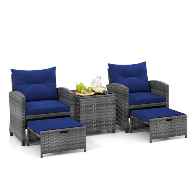 5-Piece Patio Rattan Furniture Set, Wicker Cushioned Chairs with 2 Ottomans & Tempered Glass Coffee Table for Backyard, Lawn, Poolside, Deck