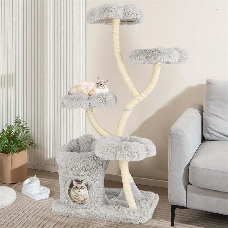 65" Tall Multi-Level Cat Tree, Freestanding Cat Tower w/2-in-1 Cat Condo, Plush Flower Platforms & Sisal Scratching Posts for Large Indoor Cats