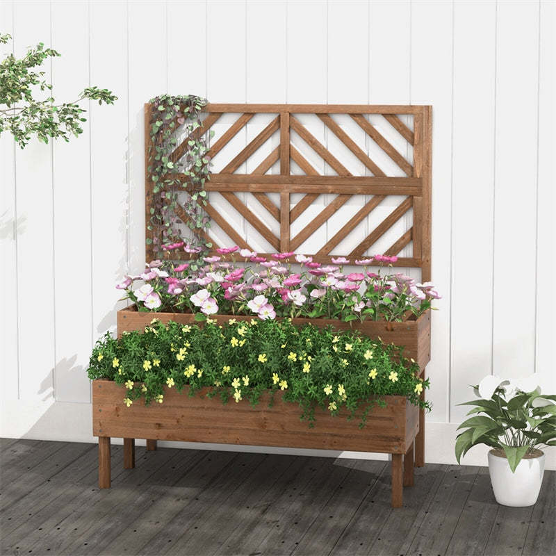 2-Tier Raised Garden Bed with Trellis, Outdoor Wood Elevated Planter Box with Legs & Drainage Holes for Vegetables, Flowers, Herbs, Climbing Vines