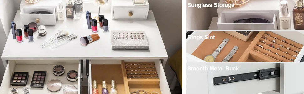 Bedroom Makeup Vanity Table Stool Set with 4 Drawers & 3-Color Touch Screen Dimming Mirror