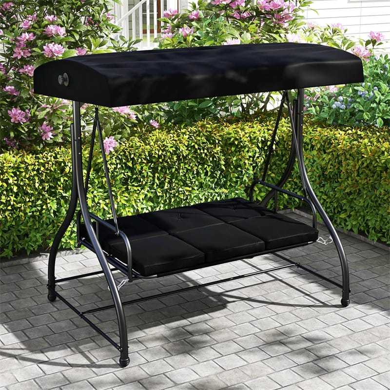2-in-1 Convertible Patio Swing with Adjustable Canopy & Removable Cushions, Steel Frame 3-Person Outdoor Swing Bed for Deck/Backyard/Garden