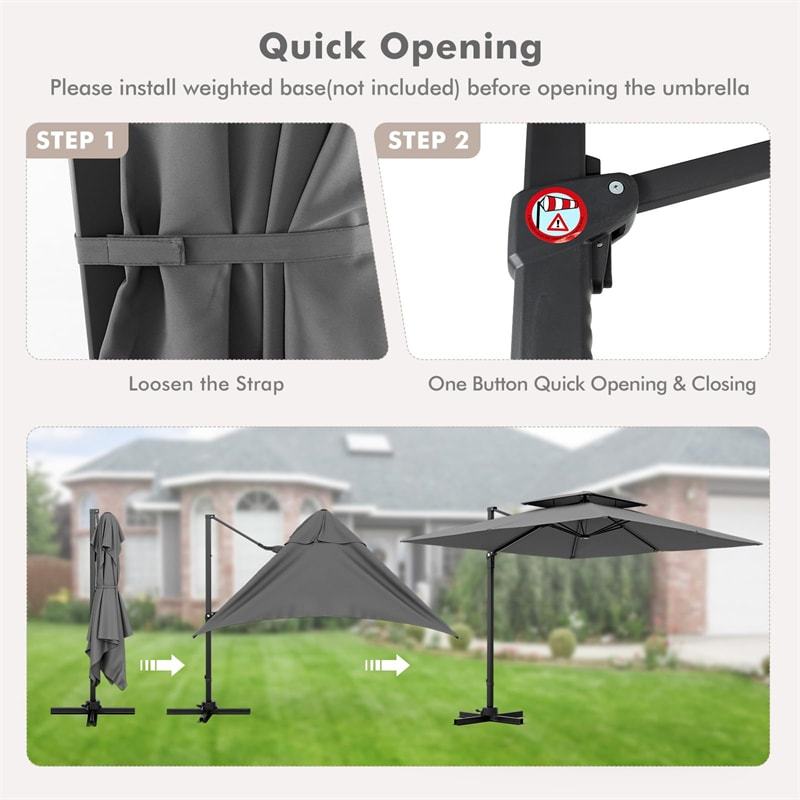 9.5FT Double Top Cantilever Umbrella, Heavy Duty Offset Hanging Patio Umbrella Square Outdoor Umbrella with 360° Rotation & Cross Base
