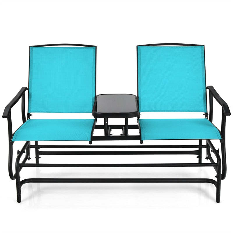 2-Person Outdoor Glider Chair with Center Tempered Glass Table, Steel Frame & Breathable Mesh, Patio Rocking Bench for Porch Garden Poolside