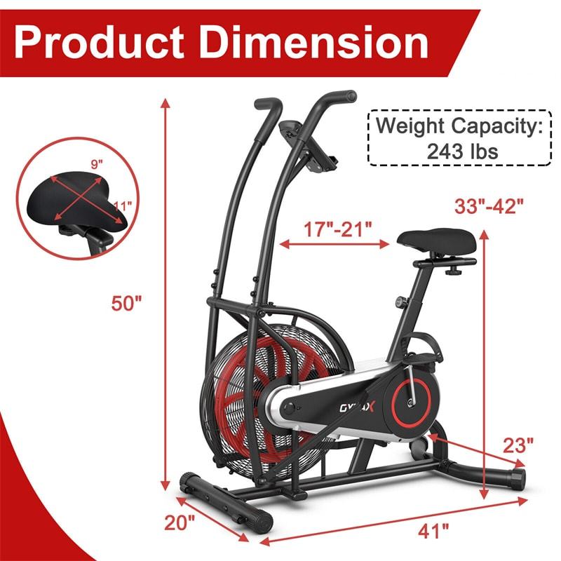Upright Air Bike Fan Exercise Bike with LCD Display, Adjustable Seat, Phone Holder, Built-in Wheels, Unlimited Resistance for Home Gym Cardio Workout