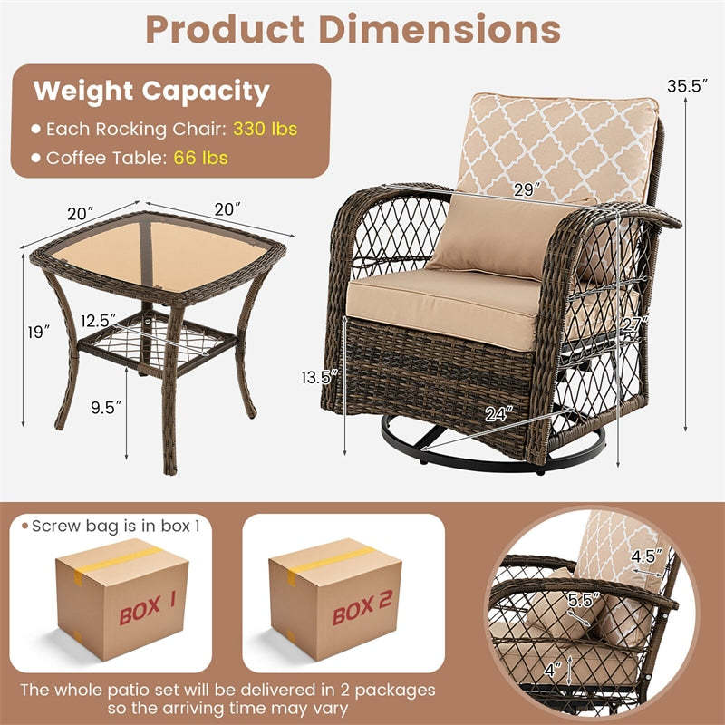 3-Piece Wicker Swivel Rocker Set, Outdoor Rocking Chairs with Cushions & Tempered Glass Table, Rattan Patio Bistro Set for Backyard, Balcony, Porch