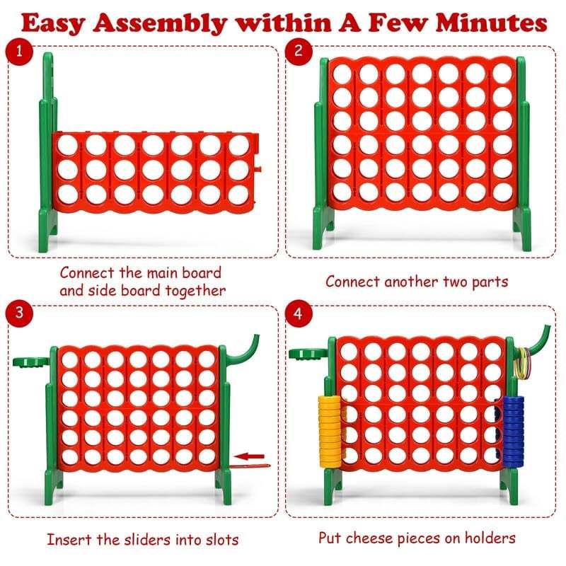 Giant 4-in-A-Row Game Set, Jumbo 4-to-Score Lawn Game with Basketball Hoop, 42 Rings, Quick-Release Slider for Kids & Adults, Indoors Outdoors