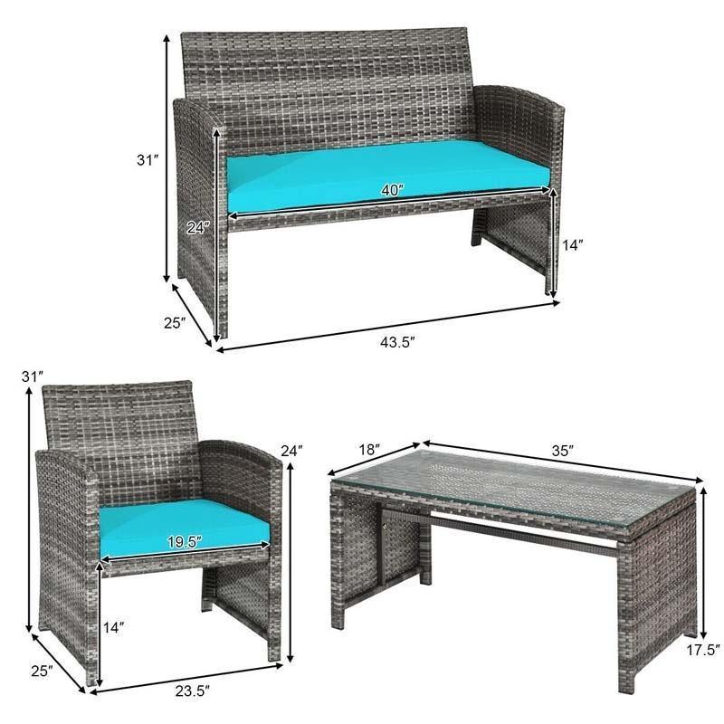 4-Piece Patio Wicker Conversation Set, Outdoor Rattan Sofa Chairs with Cushions & Tempered Glass Coffee Table for Balcony, Backyard, Garden