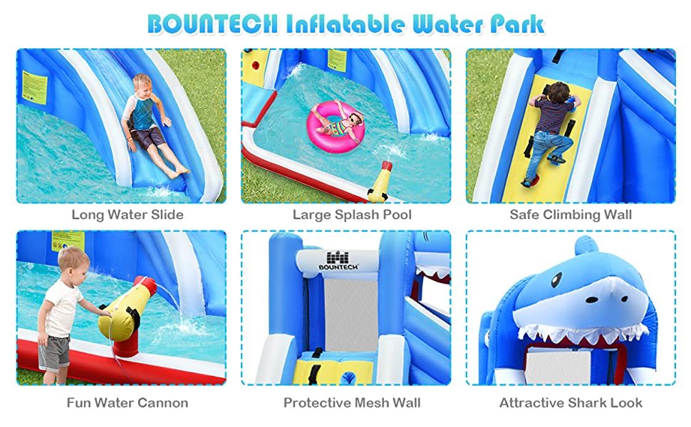 Inflatable Water Slide Shark Bounce House Castle Splashing Pool without Blower