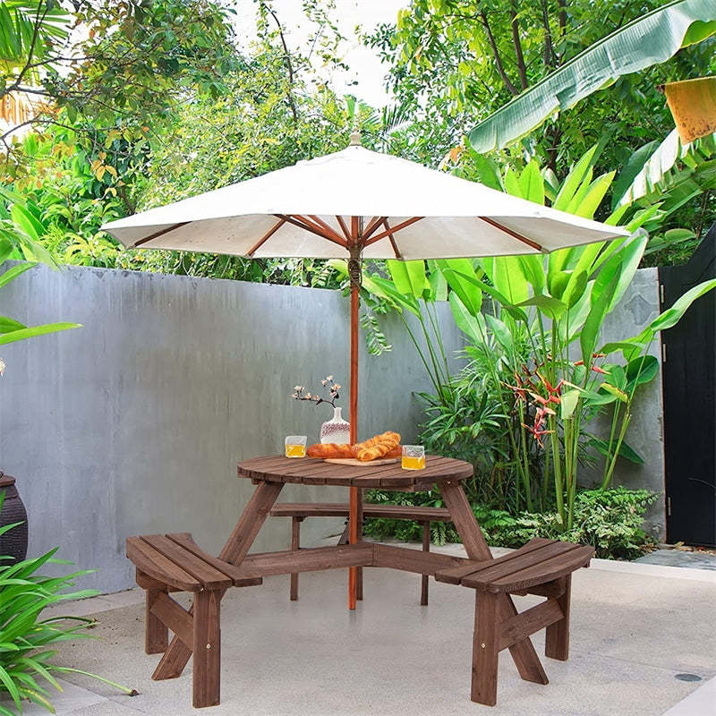 6 Person Wood Picnic Table, Outdoor Round Dining Table with 3 Built-in Benches & Umbrella Hole, 500lbs Capacity, Bench Patio Dining Set for Garden