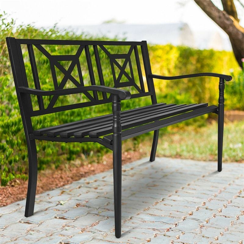 Heavy-Duty Outdoor Patio Garden Bench Loveseat with Decorative Backrest & Armrest