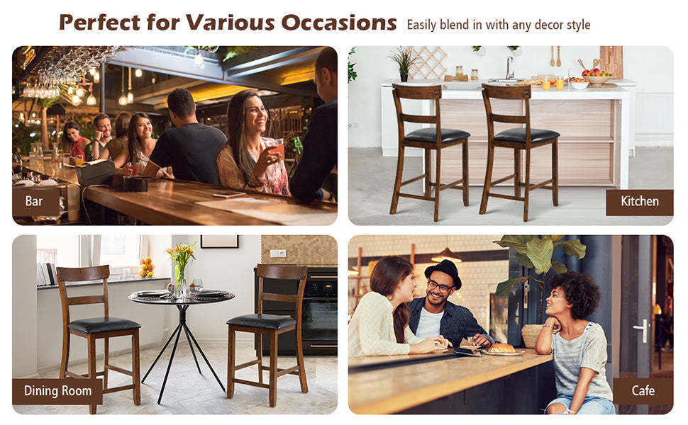 Rubber Wood Bar Stools Set of 2 25.5" Counter Height Dining Chairs with Leather Cushioned Seats & Backrests for Kitchen Living Room