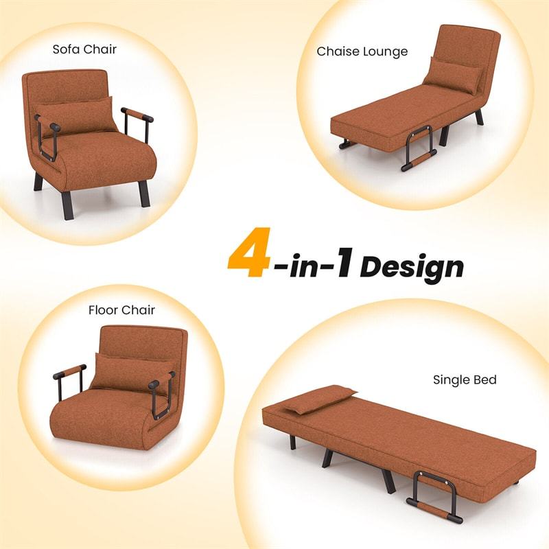Convertible Sleeper Chair, 4-in-1 Folding Sofa Bed 6-Position Adjustable Backrest w/ Pillow, Reclining Chaise Sleeper Sofa for Living Room