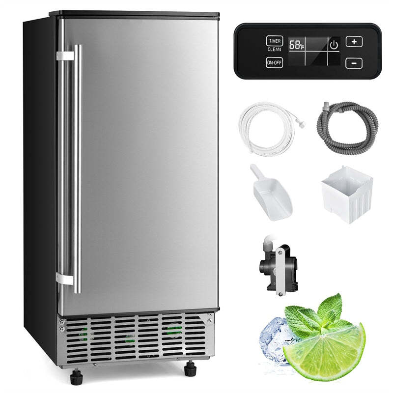80LBS/24H Commercial Ice Maker, 15" Freestanding & Built-In Undercounter Ice Machine with Drain Pump, Self-Cleaning, LCD Display & 25LBS Bin