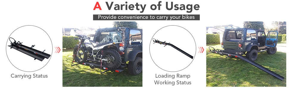 Motorcycle Hitch Carrier 600LBS Heavy Duty Steel Motorcycle Carrier Hitch Mount with Loading Ramp & Ratchet Straps, Motorcycle Rack Dirt Bike Trailer
