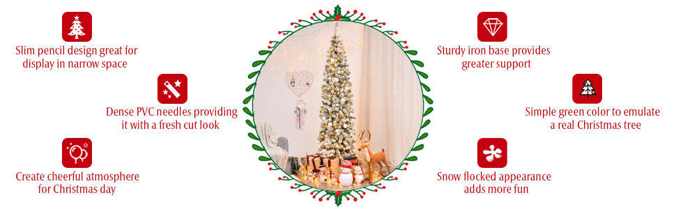 4.5ft Pre-lit Snow Flocked Artificial Pencil Christmas Tree with 150 LED Lights and Metal Stand