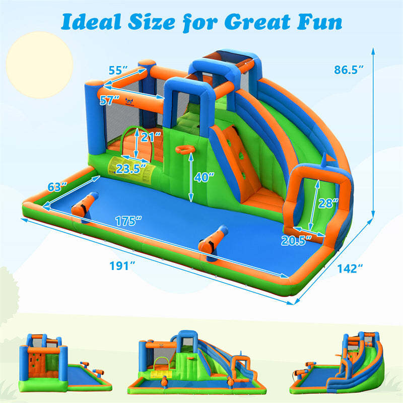 Inflatable Water Slide Park, 7-in-1 Mega Bounce House Water Slide Combo with 735W Blower, Splash Pool, Climbing Walls for Kids, Backyard Family Fun