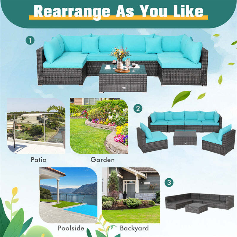 7PCS PE Rattan Modular Outdoor Sectional Set with Tempered Glass Top Table & Cushions, Patio Sofa Furniture for Backyard, Poolside Garden