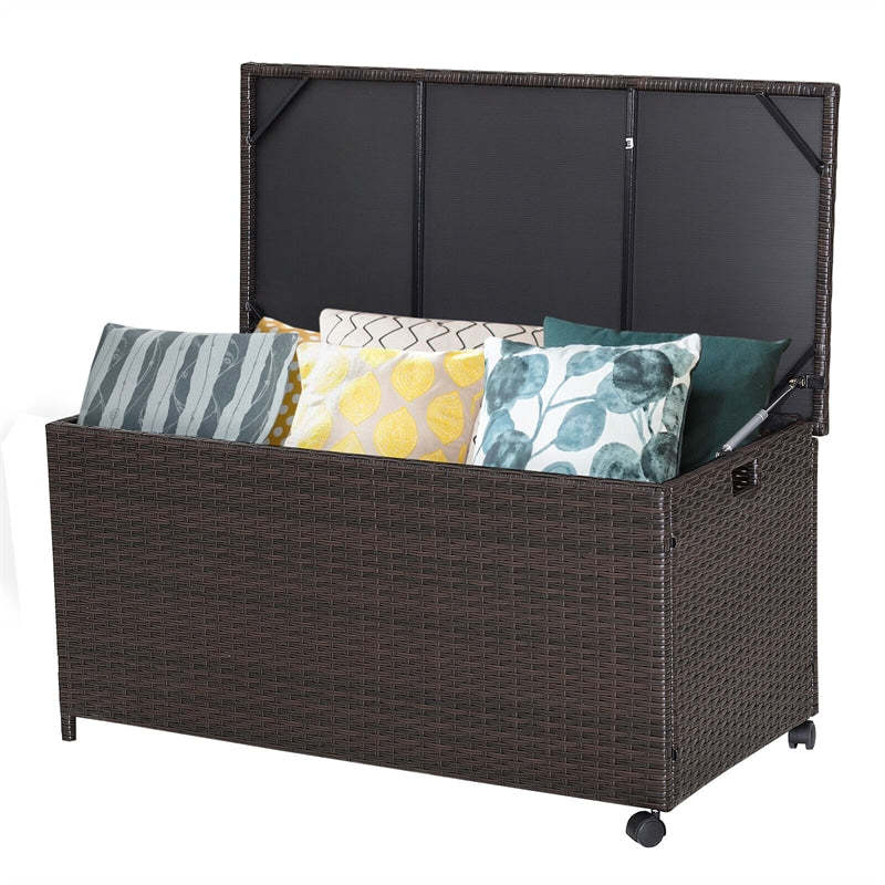 50 Gallon All-Weather Wicker Outdoor Storage Box with Waterproof Liner & Wheels, Patio Deck Storage for Cushions, Garden Tools & Pool Accessories