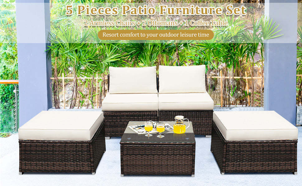 5 Piece Rattan Outdoor Furniture Wicker Lounge Chair Set with Glass Coffee Table & Soft Cushions