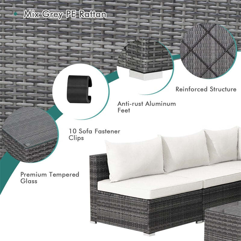 7PCS PE Rattan Modular Outdoor Sectional Set with Tempered Glass Top Table & Cushions, Patio Sofa Furniture for Backyard, Poolside Garden