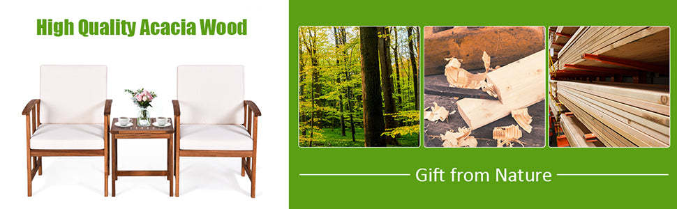 3-Piece Outdoor Acacia Wood Sectional Sofa Set with Cushions & Coffee Table