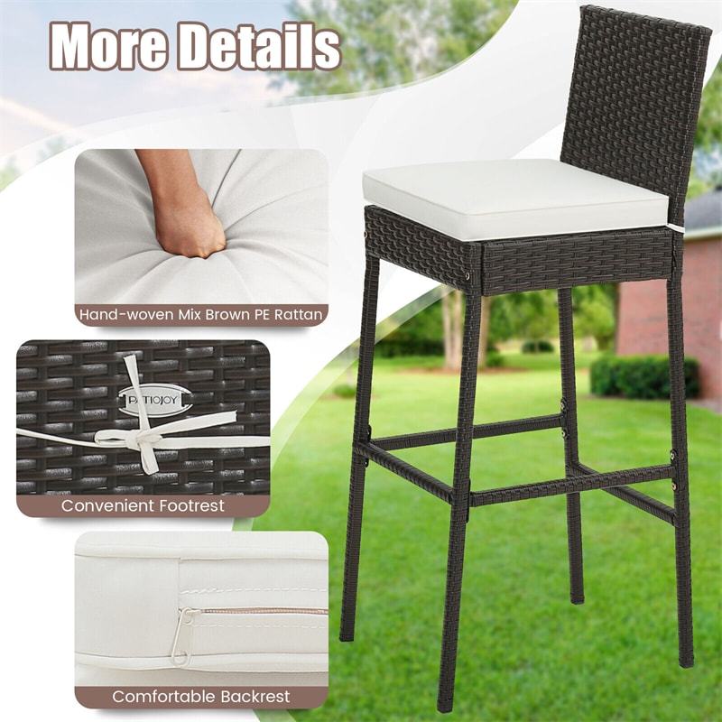 2 PCS Patio Wicker Barstools Outdoor Bar Height Chairs Heavy-Duty Metal Frame with Soft Seat Cushions & Footrests