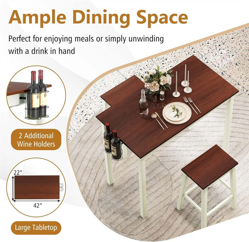 3-Piece Bar Table Set Counter Height Dining Set Space Saving Dinette Table with 2 Stools & 2 Wine Holders for Bar Kitchen Living Room