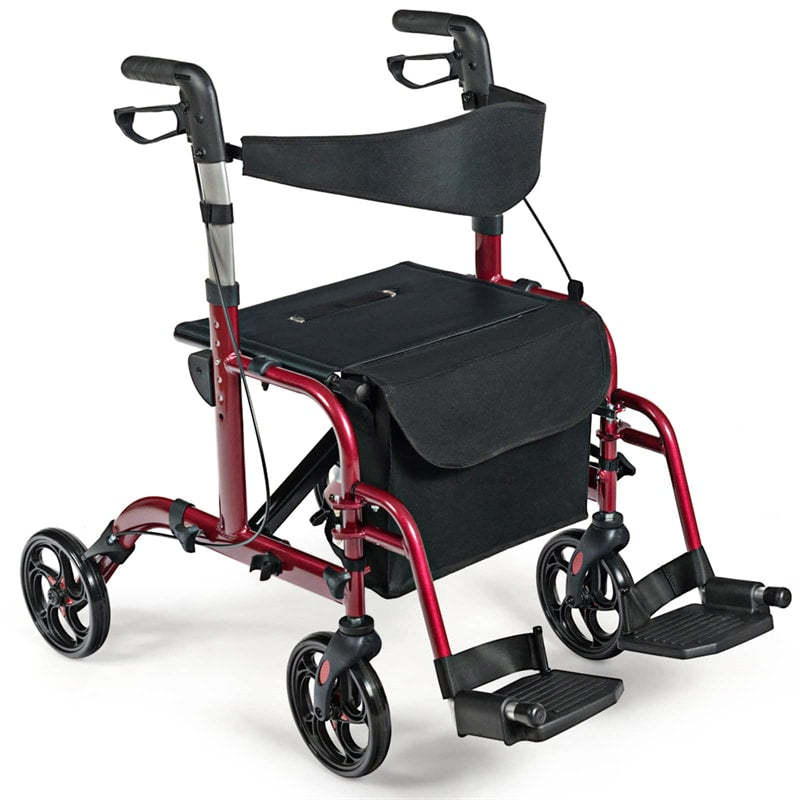 2-in-1 Folding Rollator Walker with Seat for Seniors, Aluminum Medical Walker Transport Chair Combo with 8" Wheels, Adjustable Handle & Backrest