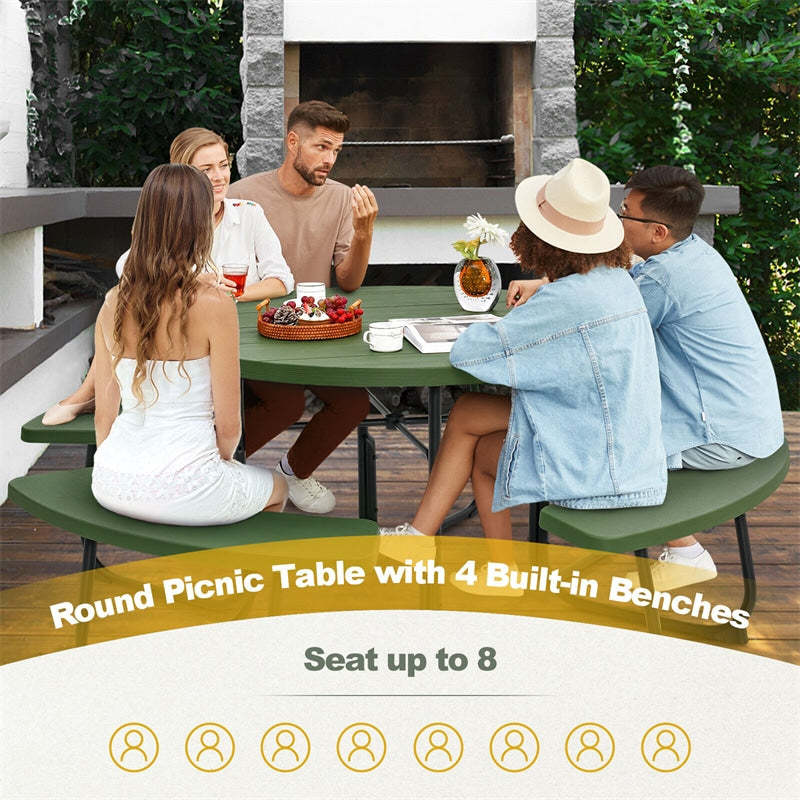 8-Person Outdoor Round HDPE Picnic Table Bench Set with Umbrella