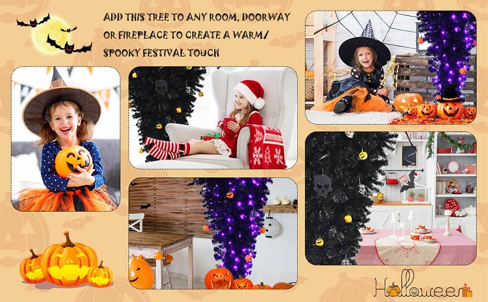 Upside Down Christmas Tree Pre-Lit Black Halloween Tree with 270 Purple LED lights, Artificial Hinged Inverted Xmas Tree for Holiday Carnival Party Decor