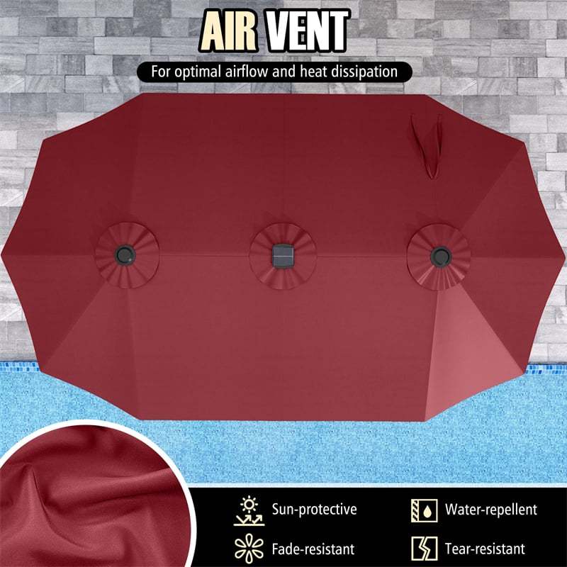 15.5FT Extra Large Patio Umbrella with 144 Solar LED Lights & Crank Handle, 12 Heavy-Duty Ribs Double-Sided Market Umbrella for Deck, Poolside