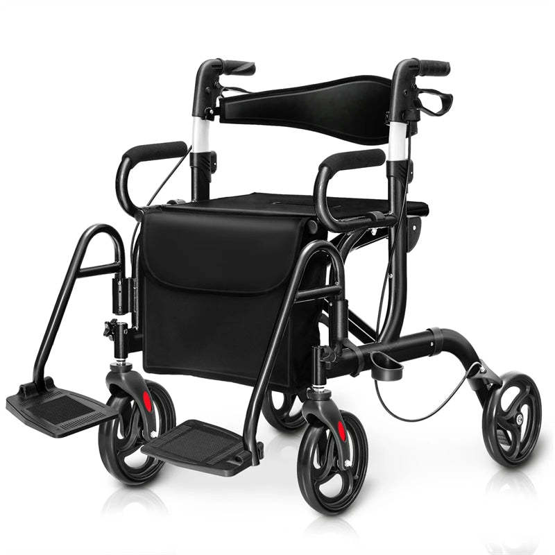 2-in-1 Rollator Walker for Seniors, Folding Medical Walker Transport Chair with Seat, 8" Wheels, 350lbs Capacity, Aluminum Mobility Walking Aid