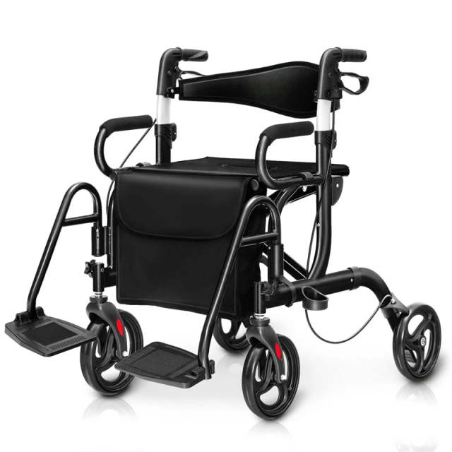 2-in-1 Rollator Walker for Seniors, Folding Medical Walker Transport Chair with Seat, 8" Wheels, 350lbs Capacity, Aluminum Mobility Walking Aid
