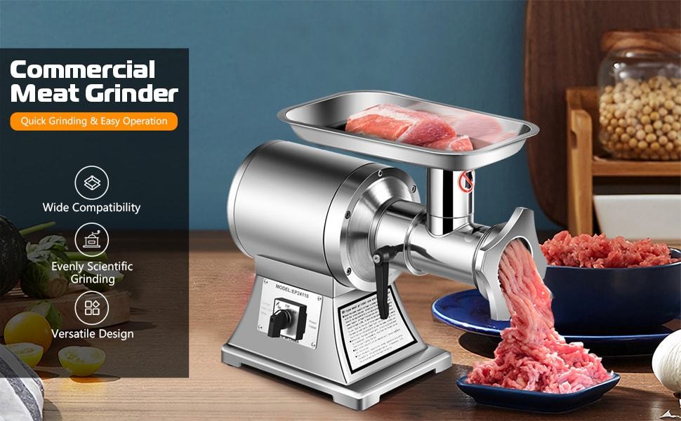 1.5HP Commercial Meat Grinder 550LB/H Heavy Duty Industrial Meat Mincer 1100W Electric Sausage Stuffer with 2 Blades Grinding Plates Stuffing Tubes
