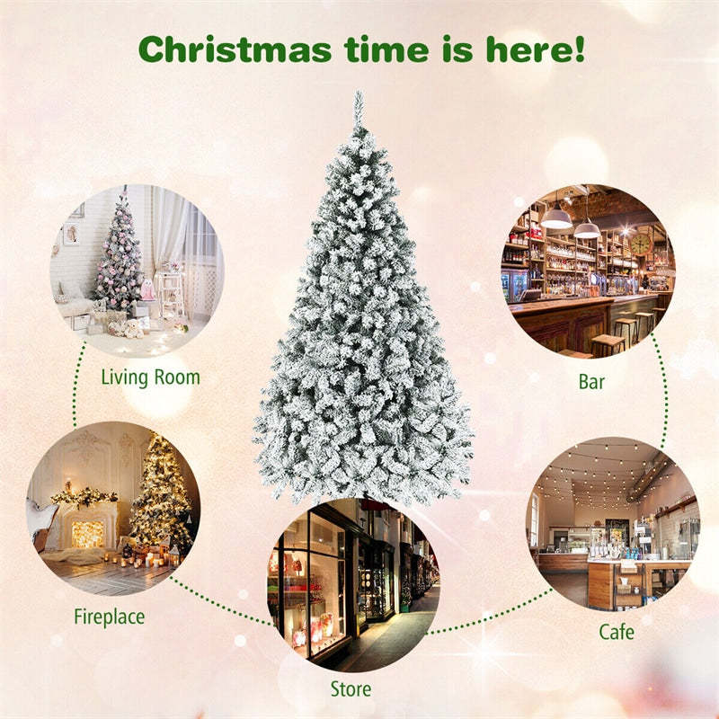 7.5FT Pre-Lit Artificial Christmas Tree, Premium Snow Flocked Hinged Xmas Tree with 450 LED Lights & Metal Stand for Indoor Outdoor Holiday Decor