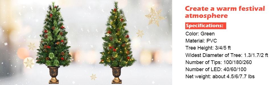 5FT PreLit Entrance Christmas Tree Artificial Tabletop Xmas Tree with 100 LED Lights & Red Berries Pine Cones