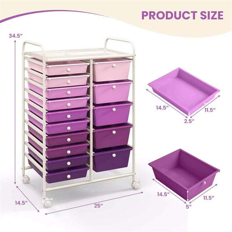 15-Drawer Rolling Storage Cart, Art &  Craft Organizer with Wheels & Removable Drawers for Tools, Scrapbook Paper, Home Office School