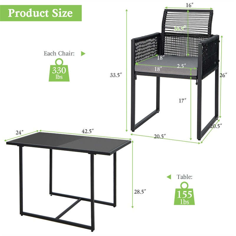 3 Piece Space Saving Outdoor Dining Set Black PE Rattan Patio Chair Table Set with Folding Backrest & Seat Cushions