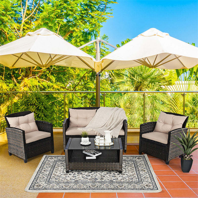 4-Piece Outdoor Rattan Furniture Set Patio Cushioned Conversation Set Wicker Sectional Sofa with Loveseat Chair & Shelf Glass Coffee Table